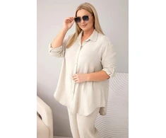 Moteriškas Plus Size muslino komplektas su marškiniais ir plačiomis kelnėmis, smėlio spalvos