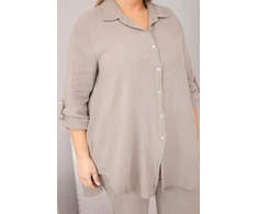 Moteriškas Plus Size muslino komplektas su marškiniais ir plačiomis kelnėmis, fango spalvos