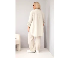 Moteriškas Plus Size muslino komplektas su marškiniais ir plačiomis kelnėmis, smėlio spalvos