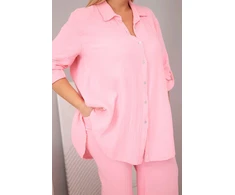 Moteriškas Plus Size muslino komplektas su marškiniais ir plačiomis kelnėmis, rožinės spalvos