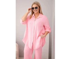 Moteriškas Plus Size muslino komplektas su marškiniais ir plačiomis kelnėmis, rožinės spalvos