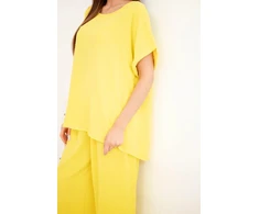 Moteriškas Plus Size palaidinės ir plačių kelnių komplektas, geltonas