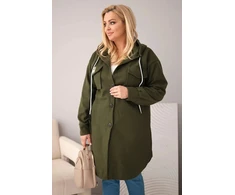 Moteriškas Plus Size paltas su gobtuvu ir sagomis, chaki spalvos
