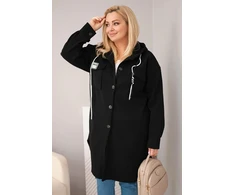 Moteriškas Plus Size paltas su gobtuvu ir sagomis, juodos spalvos