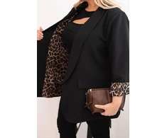 Moteriškas Plus Size švarkas su leopardo rašto pamušalu, juodos spalvos