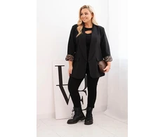 Moteriškas Plus Size švarkas su leopardo rašto pamušalu, juodos spalvos