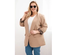 Moteriškas Plus Size švarkas su leopardo rašto pamušalu, kapučino spalvos