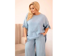 Moteriškas Plus Size tencel komplektas su palaidine ir plačiomis kelnėmis, šviesiai mėlynos spalvos
