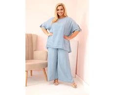 Moteriškas Plus Size tencel komplektas su palaidine ir plačiomis kelnėmis, šviesiai mėlynos spalvos