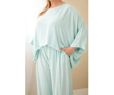 Moteriškas Plus Size viskozės komplektas su plačiomis kelnėmis ir palaidine, mėtų spalvos