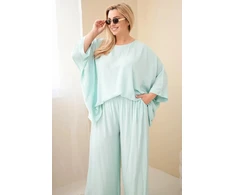 Moteriškas Plus Size viskozės komplektas su plačiomis kelnėmis ir palaidine, mėtų spalvos