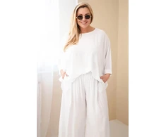 Moteriškas Plus Size viskozės komplektas su plačiomis kelnėmis ir palaidine, balta