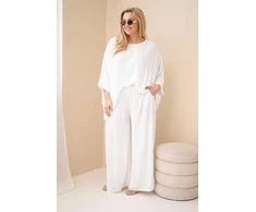 Moteriškas Plus Size viskozės komplektas su plačiomis kelnėmis ir palaidine, balta