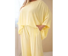 Moteriškas Plus Size viskozinis komplektas su plačiomis kelnėmis ir palaidine, geltonas