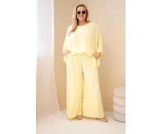 Moteriškas Plus Size viskozinis komplektas su plačiomis kelnėmis ir palaidine, geltonas