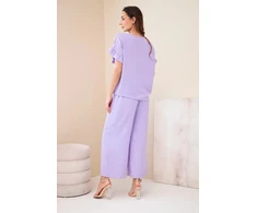 Moteriškas viskozės komplektas su marginta palaidine ir kelnėmis, šviesiai violetinis