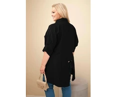 Moteriški Plus Size marškiniai iš medvilnės su sagomis ir apykakle, juodi