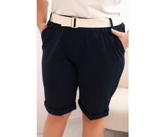 Moteriški Plus Size medvilnės šortai su diržu, tamsiai mėlynos spalvos