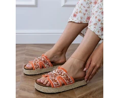 Moteriškos oranžinės espadrilės šlepetės su cirkoniais