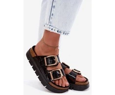 Moteriškos platforminės šlepetės iš eko odos su auksinėmis sagtimis Lee Cooper