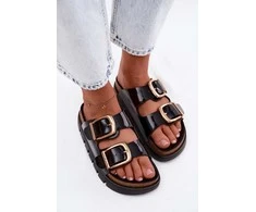 Moteriškos platforminės šlepetės iš eko odos su auksinėmis sagtimis Lee Cooper