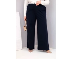 Moteriškos Plus Size kelnės plačiomis klešnėmis ir aukštu liemeniu, tamsiai mėlynos spalvos