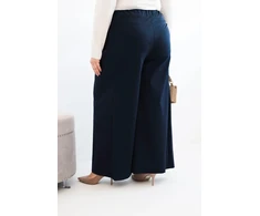 Moteriškos Plus Size kelnės plačiomis klešnėmis ir klostėmis, tamsiai mėlynos spalvos