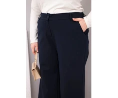 Moteriškos Plus Size kelnės plačiomis klešnėmis ir aukštu liemeniu, tamsiai mėlynos spalvos