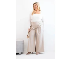 Moteriškos Plus Size kelnės plačiomis klešnėmis ir klostėmis, tamsiai smėlio spalvos