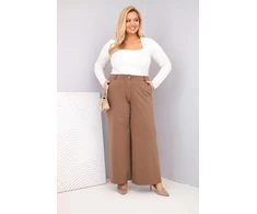 Moteriškos Plus Size kelnės plačiomis klešnėmis ir aukštu liemeniu, šviesiai smėlio spalvos