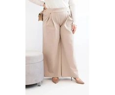 Moteriškos Plus Size kelnės plačiomis klešnėmis ir klostėmis, tamsiai smėlio spalvos