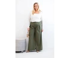 Moteriškos Plus Size plačios kelnės su klostėmis, chaki spalvos