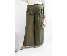 Moteriškos Plus Size plačios kelnės su klostėmis, chaki spalvos
