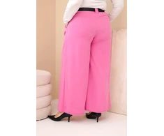 Moteriškos Plus Size viskozinės kelnės plačiomis klešnėmis su diržu, rožinės spalvos