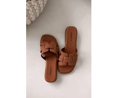 Moteriškos šlepetės žemu kulnu camel spalvos Lorania