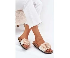 Moteriškos smėlio spalvos šlepetės su kamštiniu padu ir gėlėmis Seleneza