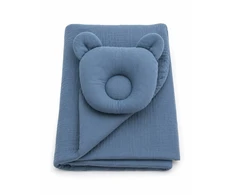 Muslino kūdikio miegmaišis su meškučio pagalve, 2 dalių komplektas, denim mėlynas