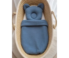 Muslino kūdikio miegmaišis su meškučio pagalve, 2 dalių komplektas, denim mėlynas