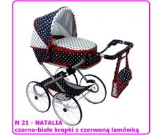 NATALIA RETRO N21 vežimėlis lėlėms, juodos ir baltos spalvos taškeliai su raudona apdaila