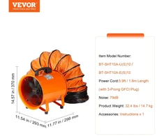 VEVOR 254mm nešiojamas ištraukimo ventiliatorius 10m žarna