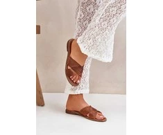 Odinės moteriškos šlepetės Shoes camel spalvos