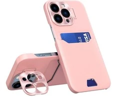 Odinis dėklas su stovu iPhone 14 Pro kortelių dėklas su stovu rožinės spalvos