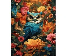 Pelėda rudens gėlėse – tapyba pagal skaičius, 40 × 50 cm
