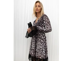 Pilkai juoda midi suknelė su leopardo raštu ir nėriniuotomis detalėmis