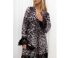 Pilkai juoda midi suknelė su leopardo raštu ir nėriniuotomis detalėmis