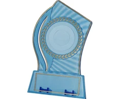 Plastikinis trofėjus - skaidrus - auksinis su vieta 50 mm lipdukui ir 65 mm x 23 mm TM plokštelei