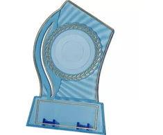 Plastikinis trofėjus - skaidrus - auksinis su vieta 50 mm lipdukui ir 65 mm x 23 mm TM plokštelei