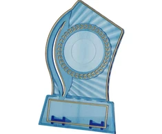 Plastikinis trofėjus - skaidrus - auksinis, su vieta 25/40mm lipdukui ir 56mmX18mm TM lentelės