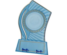 Plastikinis trofėjus - skaidrus - auksinis su vieta 50 mm lipdukui ir 65 mm x 23 mm TM plokštelei