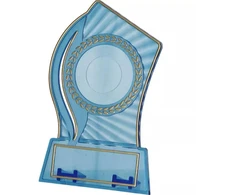 Plastikinis trofėjus - skaidrus - auksinis, su vieta 25/40mm lipdukui ir 56mmX18mm TM lentelės